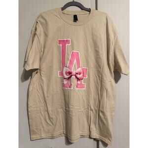 LA Bow Graphic T-Shirt Sand Color Pink Coquette Aesthetic Size XL